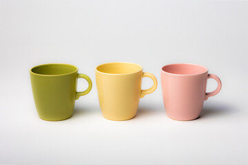 Mockup of three colored coffee cups, or mugs, isolated, color green, yellow and pink, perfect for overlay designs or logos for merchandising