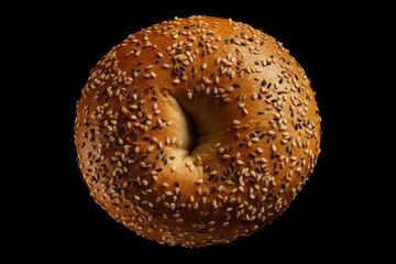 Top view illustration of a sesame bagel on transparent background. Realistic drawing of a baked NY bagel. Bread graphic resource. Generative AI