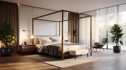 Timeless bedroom featuring a canopy bed, rich wood accents, and subtle pops of gold