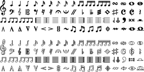 Foto op Plexiglas Music notes icon in flat, line style set. Musical key signs. isolated on transparent background. collection of solid pictogram Black musical Simple symbol elements. Vector for apps and website © Aasia