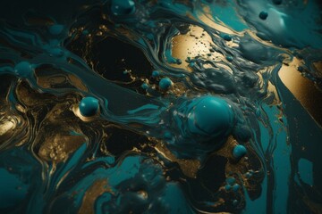 Teal and blue paint swirls with gold powder; modern art background. Generative AI