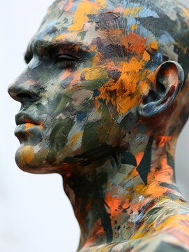 Body painting in military style pegment on the podium in full body height. Naturalism. Generative AI.