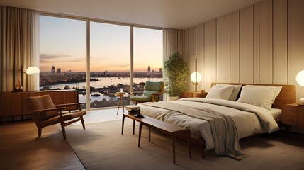 Timeless mid-century bedroom with a teak bedframe, classic lighting, and panoramic windows framing the Copenhagen skyline