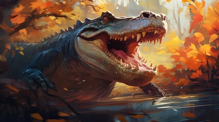 Digital painting of a crocodile in the forest