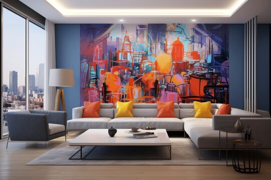 A contemporary living room with a 3D intricate colorful wall featuring an artistic interpretation of a cityscape.