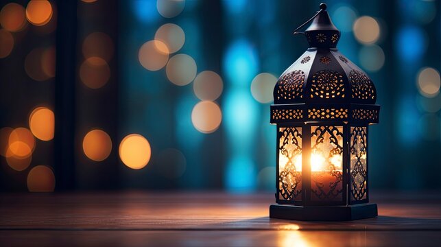 Ramadan Lantern in low light mode with arabesque background, copy space with generative ai