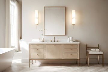Timelessly chic modern classic minimalist bathroom with a vanity mirror, elegant sink, and neutral...