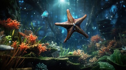 Underwater world with corals and starfish