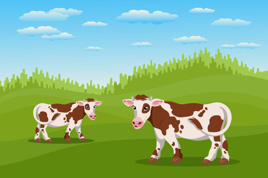 Cute spotted cows in the pasture, summer landscape. A herd of cows is grazing in the meadow. Poster, banner, illustration, vector