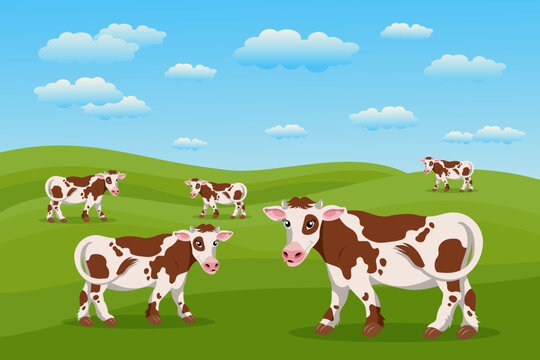 Cute spotted cows in the pasture, summer landscape. A herd of cows is grazing in the meadow. Poster, banner, illustration, vector