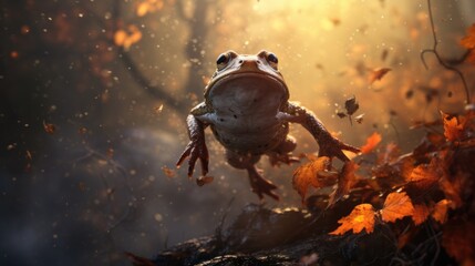 Frog in the autumn forest. Toad in the autumn forest