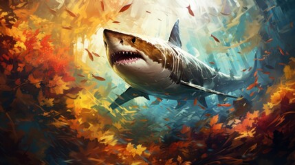Great White Shark in the forest with autumn leaves - obrazy, fototapety, plakaty
