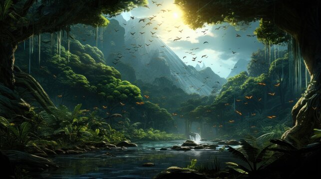 Fantasy landscape with a waterfall and a tropical forest