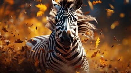 Fototapeta na wymiar Zebra portrait with autumn leaves in the background