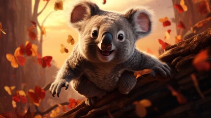 Cute koala sitting on a log with autumn leaves in the forest - Powered by Adobe