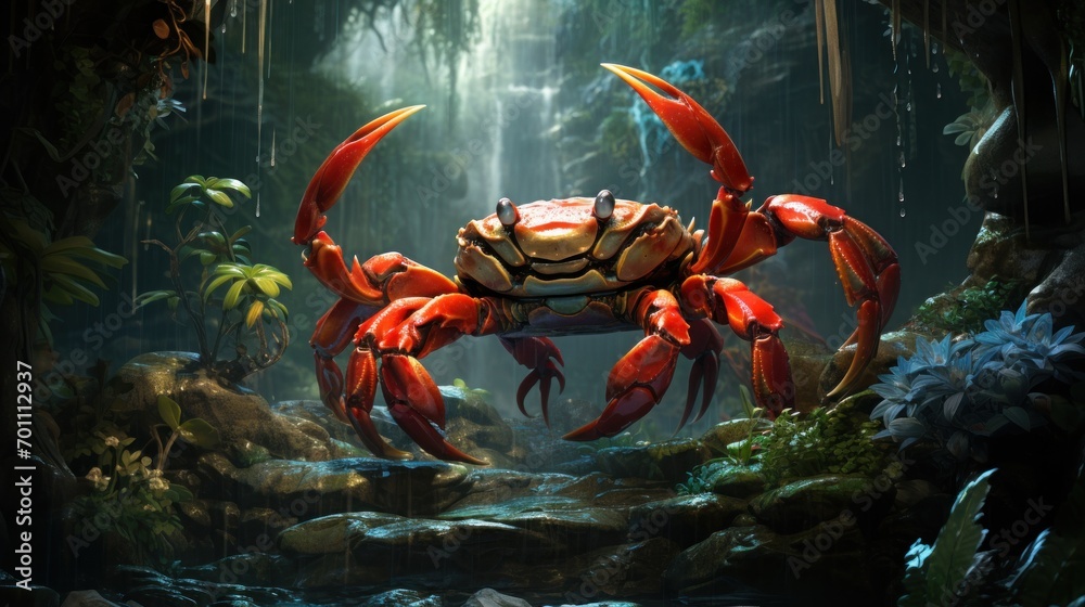 Wall mural red crab in aquarium. underwater life. close up view