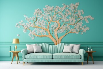 A 3D intricate color depiction of a sprawling oak tree pattern with lush green leaves arching gracefully over a pastel blue wall, complemented by a modern grey sofa