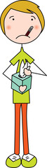 Cartoon illustration of a sick boy with a thermometer in his mouth, holding a box of tissues