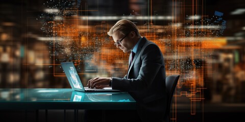 Business man in a suit with lines, developer, Digital currency, coding with laptop, cinematic color,  professional executive manager