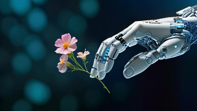 Close-up of robotic hand holding a growing flower
