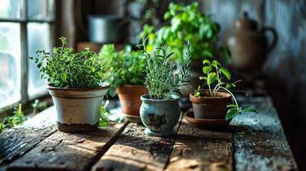 a small herb garden on a wooden table in a garden shed