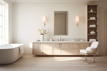 Timelessly designed modern classic minimalist bathroom featuring luxurious fixtures, neutral tones, and pristine simplicity