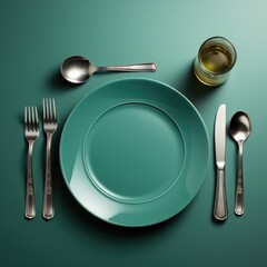 A neatly set table with kitchen utensils and a round porcelain plate. Theme of diet and serving.