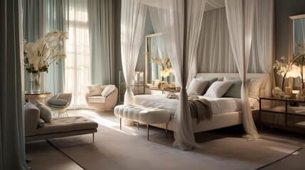 Tranquil bedroom with a canopy bed, sheer drapes, and a muted, calming color palette