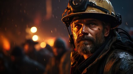 Obraz premium A handsome male firefighter stands against a background of flames in dirty firefighting clothing. Close-up of a man looking at the cameras.