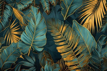 Gold and teal palm leaves digital pattern wallpaper - obrazy, fototapety, plakaty