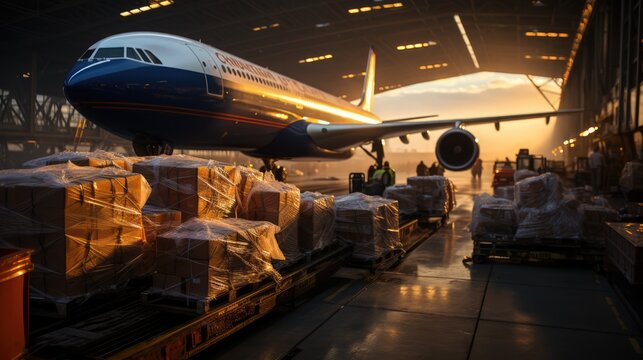 Packed boxes with goods stand near the plane. Transportation of large-size cargo.
