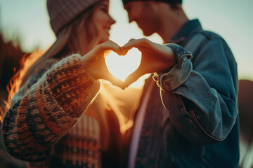 pareja de hombre y mujer enamorados formando un corazón con sus manos a través del cual se observa la puesta de sol, sobre fondo desenfocado al atardecer, concepto San Valentín - obrazy, fototapety, plakaty