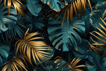 Fotobehang Gold and teal palm leaves digital pattern wallpaper © BrandwayArt