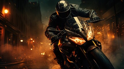 A cool stylish motorcyclist in a black leather jacket rides quickly along a city street at night. The theme of extreme sports and speed.