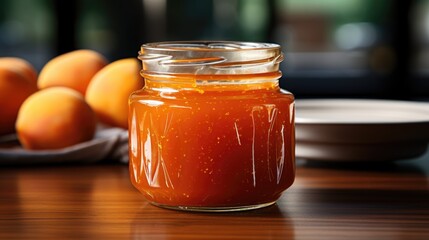 Appetizing orange-peach jam in a glass jar on a wooden table in the kitchen. Sweet snack theme. - obrazy, fototapety, plakaty