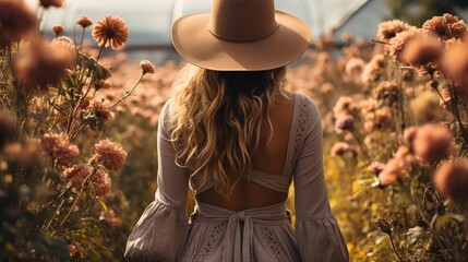 A beautiful romantic girl with long wavy hair in a thin dress walks through a large field full of plants, flowers and herbs. Rear view from the back.