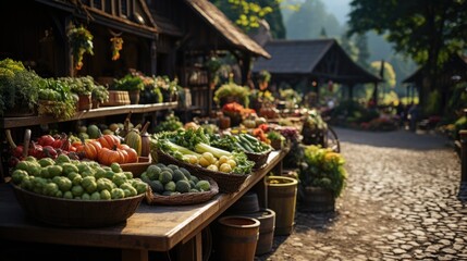 Large farmer's market with fresh vegetables and fruits in baskets on wooden tables. The theme of a healthy lifestyle and vegetarianism.