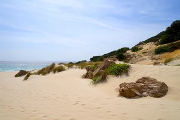 Photo sur Plexiglas Plage de Bolonia, Tarifa, Espagne Rocks and the dunes of Bolonia near the beach and Atlantic Ocean, Costa de la Luz, Andalusia, Spain
