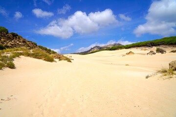 Fototapeta na wymiar high sand dunes on the beach Playa Bolonia, Bolonia, Costa de la Luz, Andalusia, Cadiz, Spain
