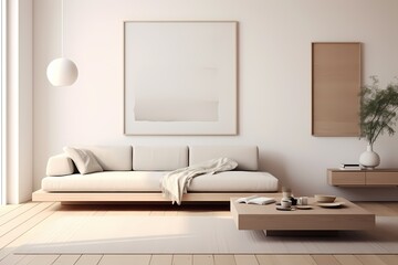 Fototapeta na wymiar Tranquil modern classic minimalist bedroom with a platform bed, monochromatic color scheme, and minimalist furnishings
