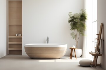 Fototapeta na wymiar Tranquil modern classic minimalist bathroom with a soaking tub, natural textures, and a clean, uncluttered design