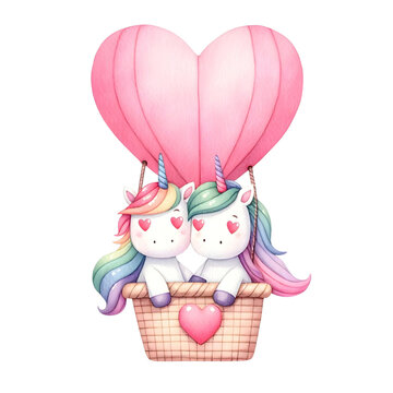 Cute unicorn couple flying on a heart-shaped hot air balloon. watercolor. isolated nursery clipart illustration.