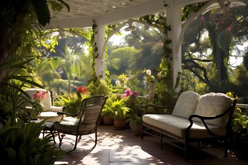 A serene veranda surrounded by lush greenery, creating a sense of calm and harmony.