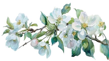 watercolor illustration of blooming apple tree branch, isolated on clean white background