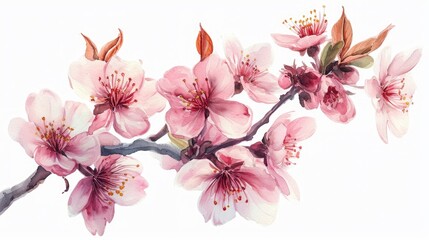 watercolor illustration spring cherry blossom,flowering branch of pink sakura, isolated on white background - obrazy, fototapety, plakaty