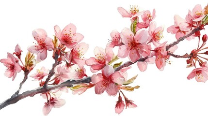 watercolor illustration spring cherry blossom,flowering branch of pink sakura, isolated on white background