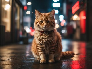 portrait Cute Cat looking up in neon background style, lovely big cat, colored light shining, studio portrait, pet concept.