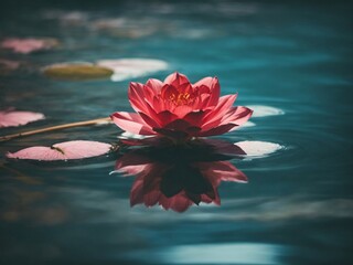 a single flower floating in the water, darkly romanticism, light crimson and sky-blue, beautiful flower on the water after rain in garden.
