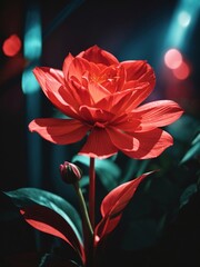 Obraz premium an image of a Flower with colored light shining along a metal beam, neon lights, , red and blue neon light. Isolated on black background.