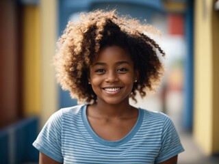 Beautiful african american girl smiling with t-shirt on light blue background, feeling fun and happy, smiling beautiful afro girl. Curly black hair